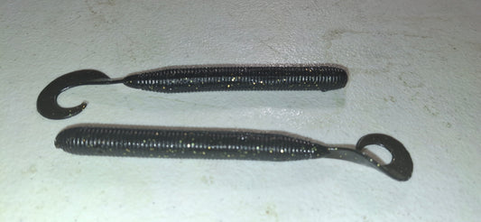 4" Curly Tail Grub Worm Black Gold Glitter